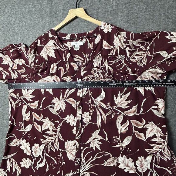 CJ Banks Womens Peasant Top Size 2X Burgundy 3/4 Sleeve Button Front Dark Floral - Picture 5 of 9